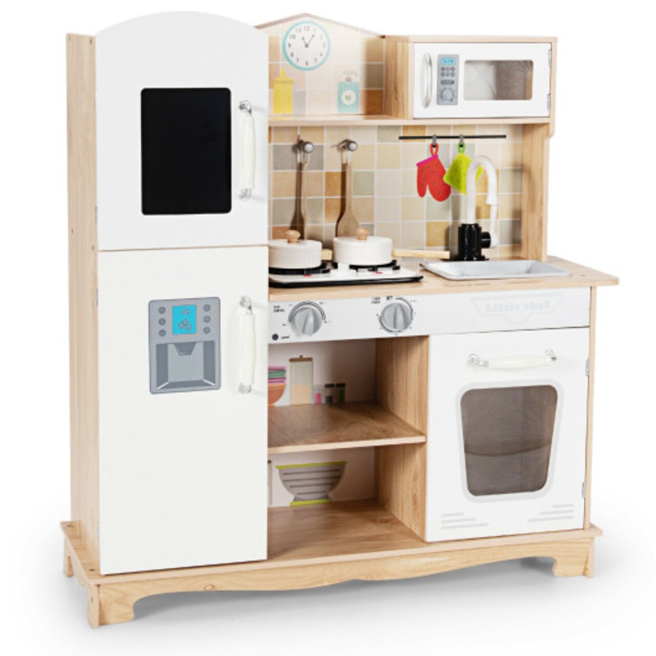 White Natural Kids Kitchen Playset with Stove Oven Sink and Cooking Accessories